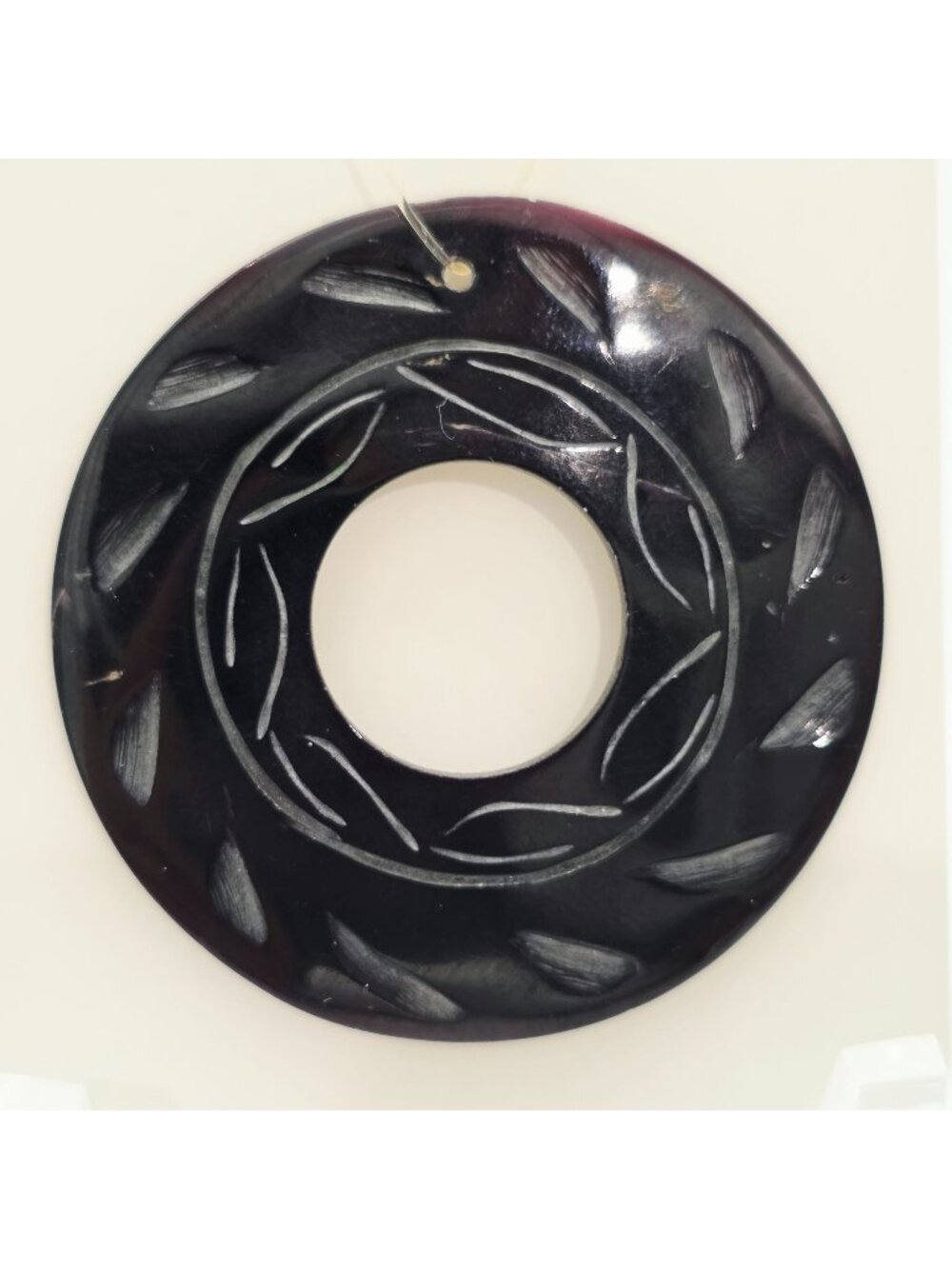 Round Black Hand Carved Horn Pendant Circular Design Smooth Polished Back 2"